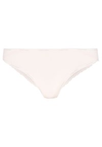 Mutande rosa chiaro con bordo in pizzo, dotate di una vita elastica con etichetta "Calvin Klein". Tessuto liscio e design a vita bassa.