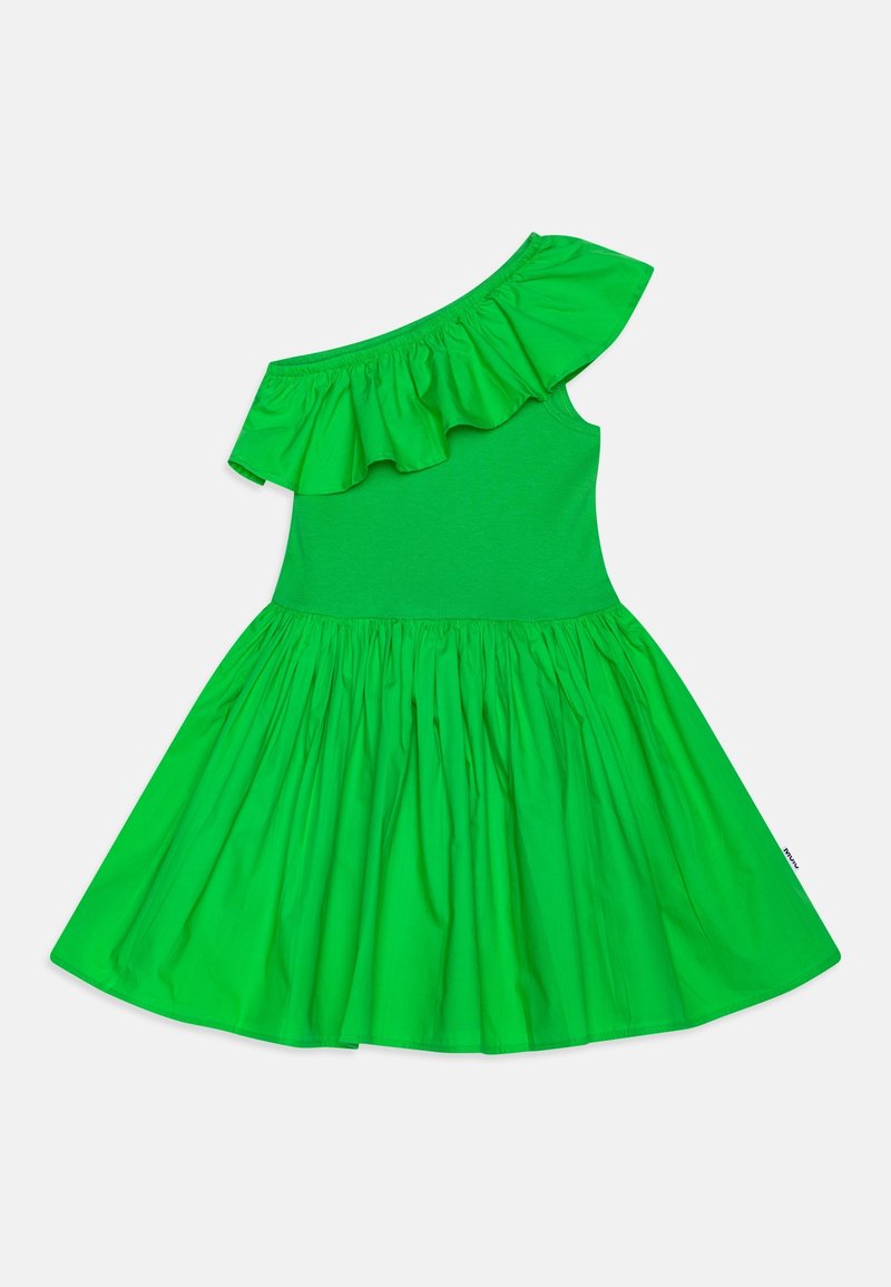 Green one-shoulder dress with ruffled neckline, fitted bodice, and flared, gathered skirt made from lightweight fabric.
