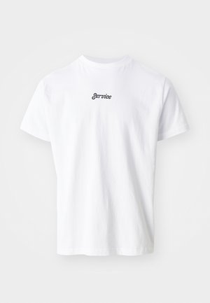 White cotton T-shirt with short sleeves and a round neckline, featuring the word "Service" in black cursive text on the front.