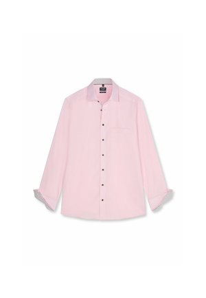 Lichtroze lange mouwen heren overhemd met donkere knopen, borstzak en een patroon binnenkraag en omslag.