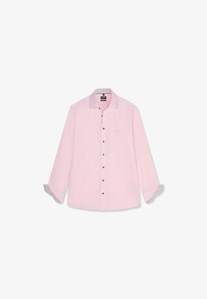 Hellrosa Herrenhemd mit langen Ärmeln, dunklen Knöpfen, Brusttasche und gemustertem Innenkragen sowie hochgekrempelten Manschetten.