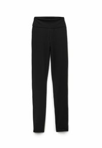 Leggings noirs avec une texture lisse, une taille haute élastique, et un design ajusté, adaptés pour une utilisation active ou décontractée.
