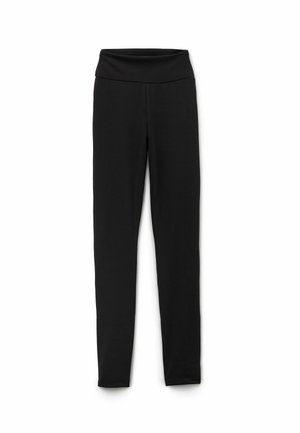 Schwarze Leggings mit glatter Textur, hoher elastischer Taille und figurbetontem Design, geeignet für sportliche oder lässige Anlässe.
