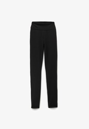 Leggings noirs avec une texture lisse, une taille haute élastique, et un design ajusté, adaptés pour une utilisation active ou décontractée.