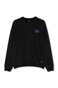 Sudadera negra con cuello redondo, puños y dobladillo acanalados. Presenta un ojo bordado en azul y el texto "CONFÍA EN TU INTUICIÓN" en el pecho.