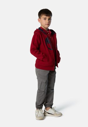 Felpa zip a rovescio rossa con cappuccio foderato in blu navy, pantaloni cargo grigi e sneaker bianche. La felpa presenta una grafica circolare sul petto.