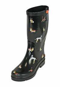 Black rubber rain boot featuring colorful dog illustrations, a textured grip sole, and a smooth glossy finish. Ideal for wet conditions.