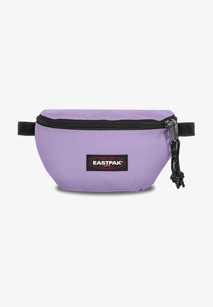 Pochette Eastpak di colore lilla chiaro, realizzata in tessuto resistente. Presenta una zip nera, una toppa con logo e una superficie testurizzata con dettagli in corda.