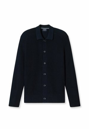 Marineblaue gerippte Strickjacke mit einem Kragen, Knopfverschluss und langen Ärmeln. Hergestellt aus einem strukturierten Strickstoff mit subtilen horizontalen Linien.