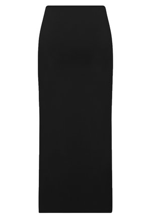 Zwarte kokerrok gemaakt van rekbaar materiaal, met een slim-fit silhouet, hoge taille en een soepele textuur. Geen zichtbare patronen of versieringen.