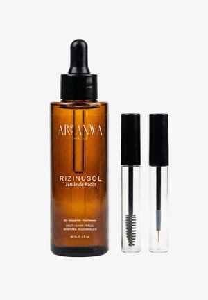 Flacon compte-gouttes en ambre étiqueté "Rizinusöl Huile de Ricin" avec deux applicateurs transparents, l'un avec une brosse et l'autre avec une pointe fine, tous deux avec des bouchons noirs.