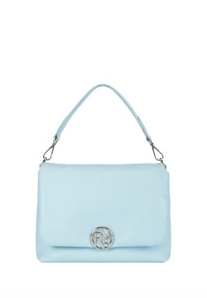 Sac à main bleu clair avec une seule sangle amovible et une fermeture circulaire argentée ornée d'un logo "RR" stylisé sur le rabat avant.