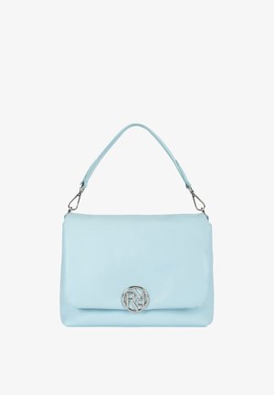 Light blue handbag with a single detachable strap and silver circular clasp featuring a stylized "RR" logo on the front flap.
