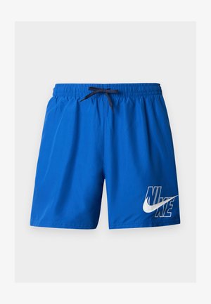 Modré sportovní šortky s elastickým pasem a šňůrkou, s velkým bílým logem Nike na levé noze.