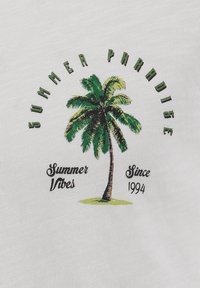 Ilustración de una palmera verde con el texto "Paraíso de Verano" arriba y "Vibras de Verano Desde 1994" abajo sobre un fondo de tela blanca.