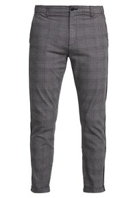 Grå rutiga byxor har en slim fit, en mjuk tygtextur, knappstängning och svarta sidremsor för extra detaljer.