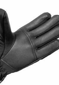 Zwarte leren handschoen met een gestructureerde palm en een gladde buitenkant, voorzien van gestikte accenten en openingen voor de vingers op de handrug.