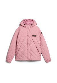 Prošívaná růžová bunda s kapucí, zavírání na patentky a boční kapsy. Obsahuje nášivku s logem na hrudi a texturovanou látku.