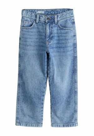 Lässige blaue Jeans-Hosen mit geradem Bein, fünf Taschen, Metallknopfverschluss und einem gebrandeten Taillenbund.