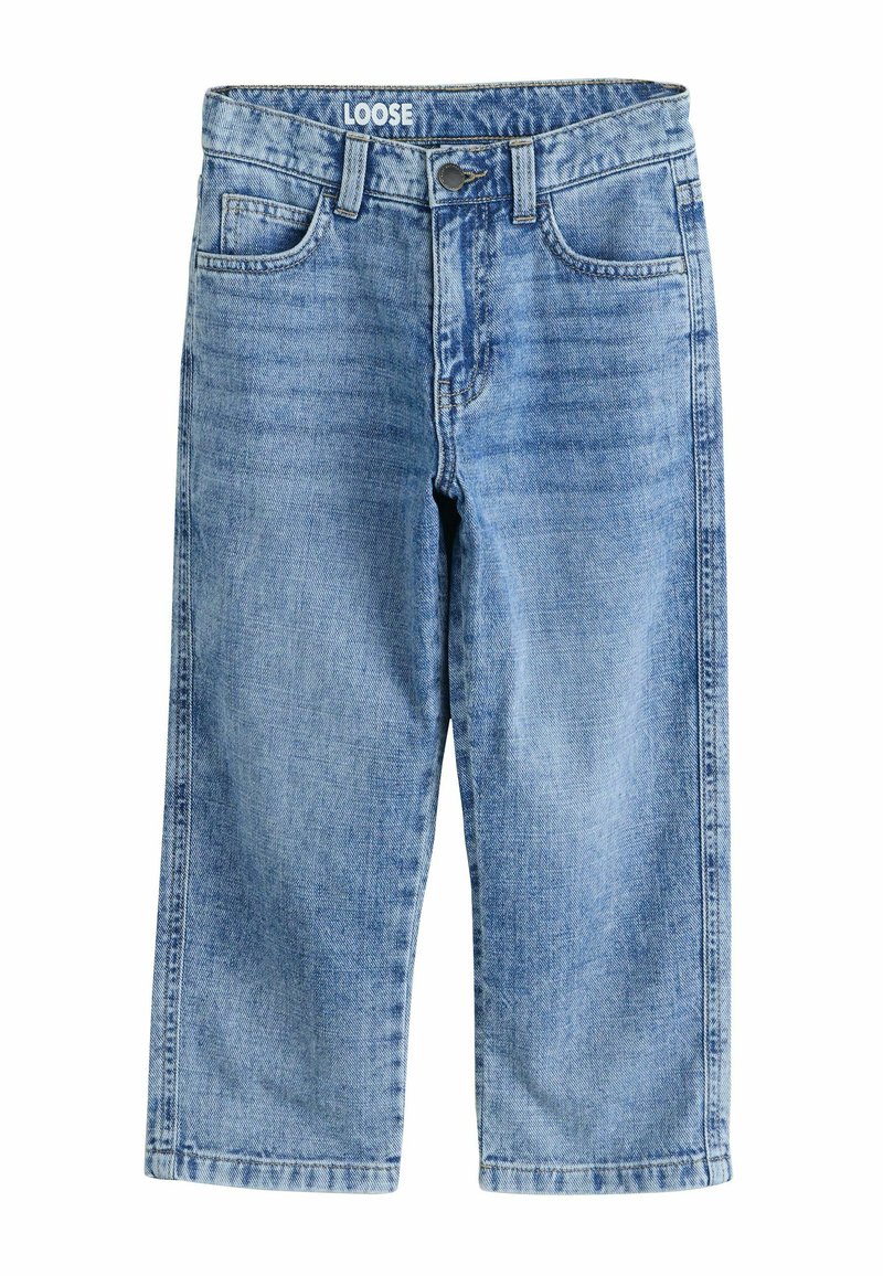 Löysät siniset farkut, joissa on suora lahje, viisi taskua ja metallinappikiinnitys, sekä logolla varustettu vyötärö.