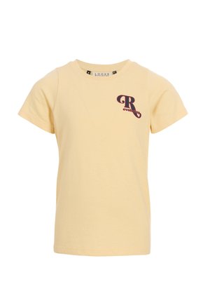 Lichtgele korte mouw T-shirt met ronde hals en een klein donkerrood "R evolution" logo op de linkerborst.