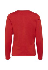 Červená dlouhá rukávová košile s kulatým výstřihem, vyrobená z jemné, texturované tkaniny, s těsnými rukávy a rovného lemu v pase.