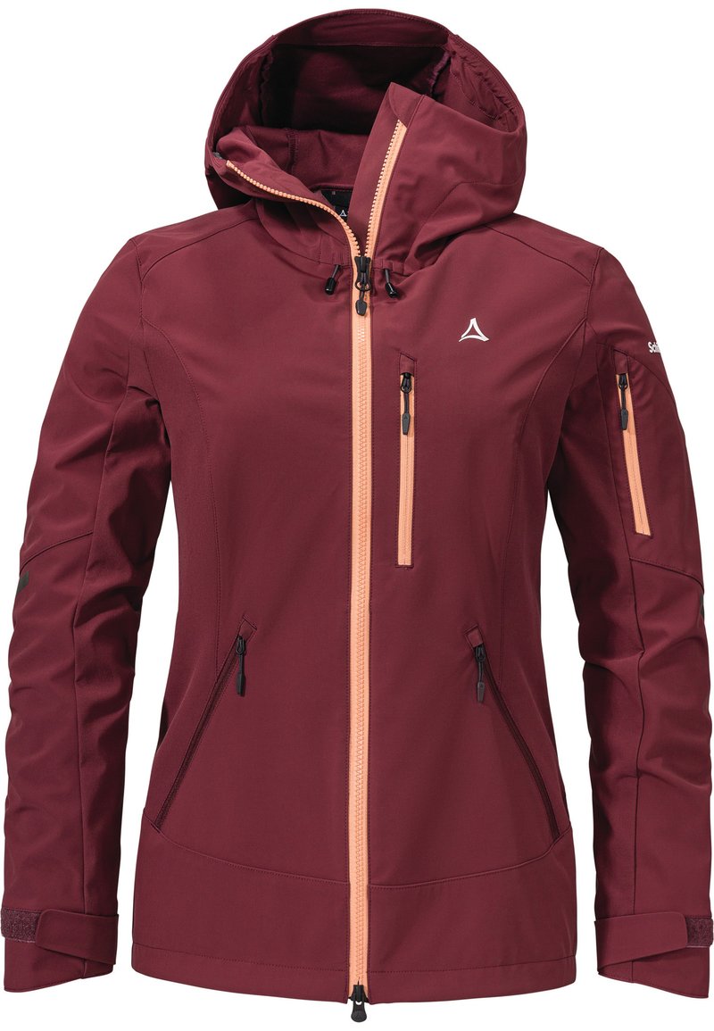 Burgunderfarbene Softshell-Jacke mit Kapuze, ausgestattet mit kontrastierenden Pfirsich-Reißverschlüssen, mehreren Reißverschlusstaschen und verstellbaren Bündchen.