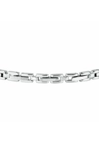 Bracciale in metallo argento con maglie rettangolari interconnesse e finitura lucida. Nome del marchio inciso su una maglia.