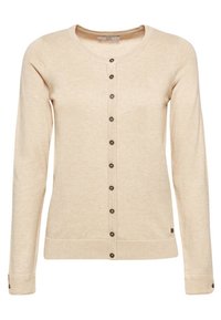 Beige cardigan sweater, long sleeves, round neck, button front closure with dark buttons, ribbed cuffs, soft knit texture.