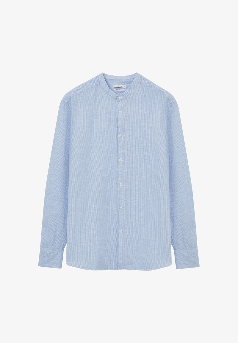 Helles blaues Langarmhemd mit Mandarin-Kragen, vorderem Knopfverschluss und subtiler horizontaler Textur. Verfügt über eine normale Passform und geraden Saum.
