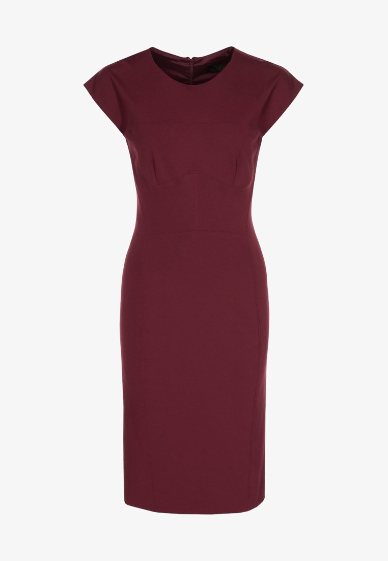 Robe bordeaux ajustée longueur genou avec manches courtes, détails de couture sous la poitrine et fermeture éclair au dos.