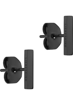 Set van twee zwarte rechthoekige oorknopjes met drukkersluiting, elk met de merknaam "Liebeskind" gegraveerd op de staaf.