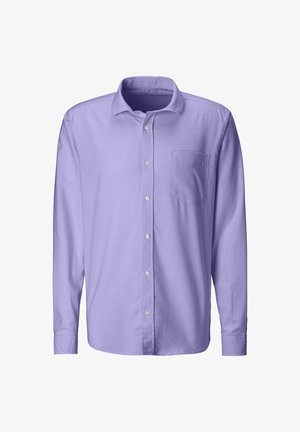 Majica z dolgimi rokavi v svetli sivki, izdelana iz bombaža, s sprednjim gumbom, klasičnim ovratnikom in enim žepom na prsih.