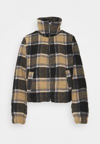 Fleece jacket with a high collar, featuring a black, beige, and gray plaid pattern. Zipper front and two side pockets. Cropped design.