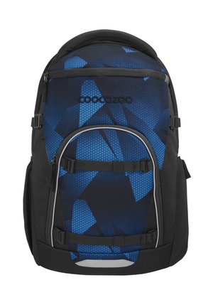 Black and blue backpack with geometric pattern, front zippered pocket, two adjustable straps, and brand name "Coocazoo" on front panel.