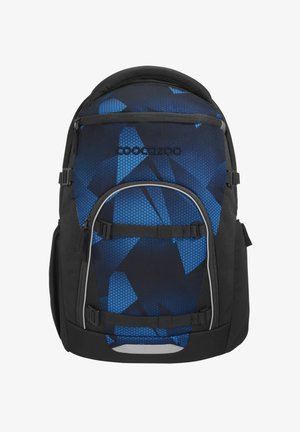 Zaino nero e blu con motivo geometrico, tasca frontale con zip, due spallacci regolabili e nome del marchio "Coocazoo" sul pannello frontale.
