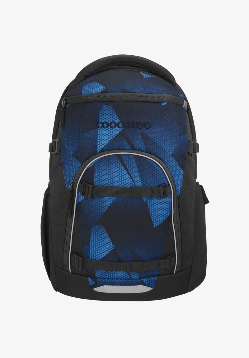 Sac à dos noir et bleu avec motif géométrique, poche zippée à l'avant, deux bretelles réglables et nom de la marque "Coocazoo" sur le panneau frontal.