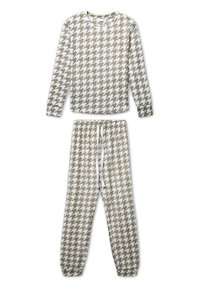 Haut à manches longues et pantalon à cordon de serrage avec un motif pied-de-poule beige et blanc, en tissu doux pour les vêtements de détente ou les pyjamas.