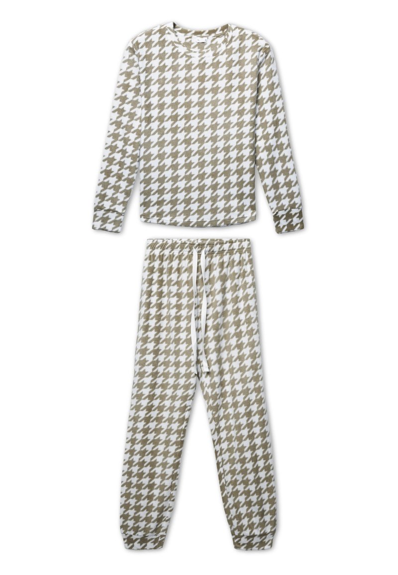 Haut à manches longues et pantalon à cordon de serrage avec un motif pied-de-poule beige et blanc, en tissu doux pour les vêtements de détente ou les pyjamas.