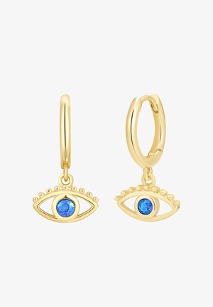 Goldene Creolenohrringe mit blauen Edelstein-Details in Form eines Auges, verziert mit dekorativen Perlenakzenten über dem Augendesign.
