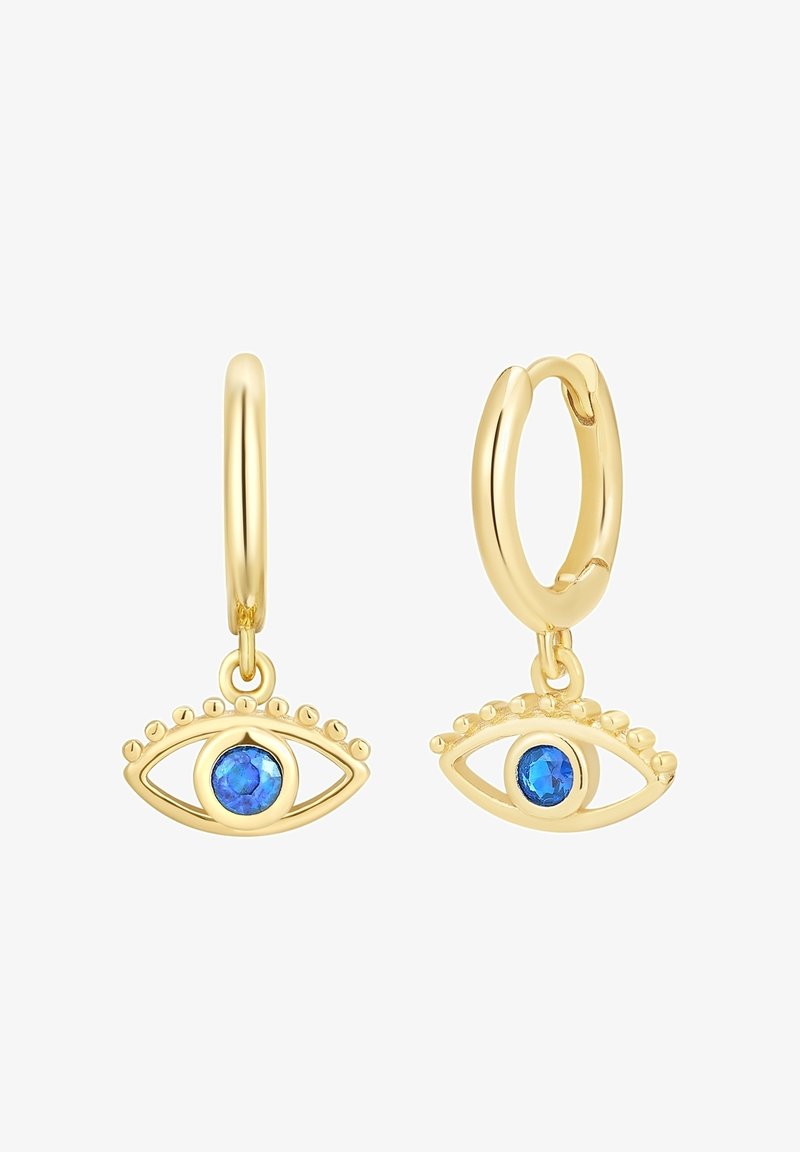 Aukso apyrankės su mėlyna gemstone detale, tokia kaip akis, su dekoratyviniais karoliukais virš akių dizaino.