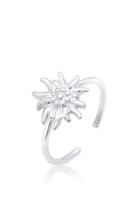 Silverjusterbar ring med en blommönsterdesign med upphöjda kronblad och centrala pärlor, polerad yta, och märkt med "925" för sterlingsilver.