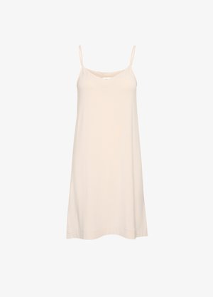 Vaaleanbeige ilman hihoja oleva mekko, jossa on V-pääntie, valmistettu pehmeästä kankaasta, ohuiden säädettävien olkaimien kanssa ja suoran leikkauksen omaava. Pintana sileä rakenne.