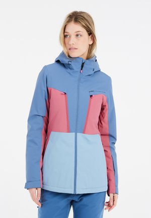 Farbenfrohe Skijacke mit blauem Körper und rosa sowie hellblauen Akzenten, Kapuze und Reißverschlusstaschen. Hergestellt aus strapazierfähigem, wetterfestem Material.