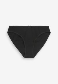 Svart bomullsbikiniunderkläder med en mjuk textur, med en spetskant längs kanten och en liten rosettdekoration vid den främre midjebandet.