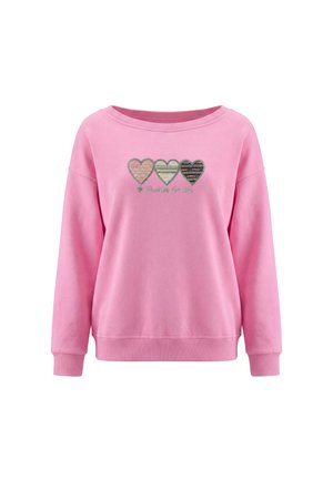 Felpa rosa a maniche lunghe con tre cuori a righe e la frase "Positive for life" ricamata sul petto.