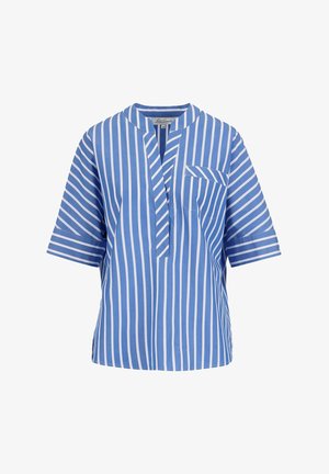 Mėlyni trumpomis rankovėmis marškiniai su vertikaliomis baltomis juostelėmis, mandarino apykakle, V formos iškirpte ir krūtinės kišene su įstrižomis juostelėmis.