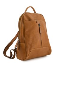 Brown leather backpack with a smooth texture, featuring a front zip pocket, adjustable strap, and top handle for carrying.