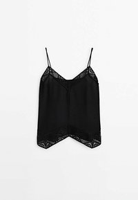 Camisole noire sans manches avec bordure en dentelle sur le décolleté et l'ourlet, dotée de fines bretelles réglables et d'un ourlet en forme de V.