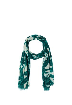Leichter Schal mit grünem tropischem Blattmuster auf weißem Hintergrund, locker in einer Schlaufe drapiert mit fransigen Rändern.